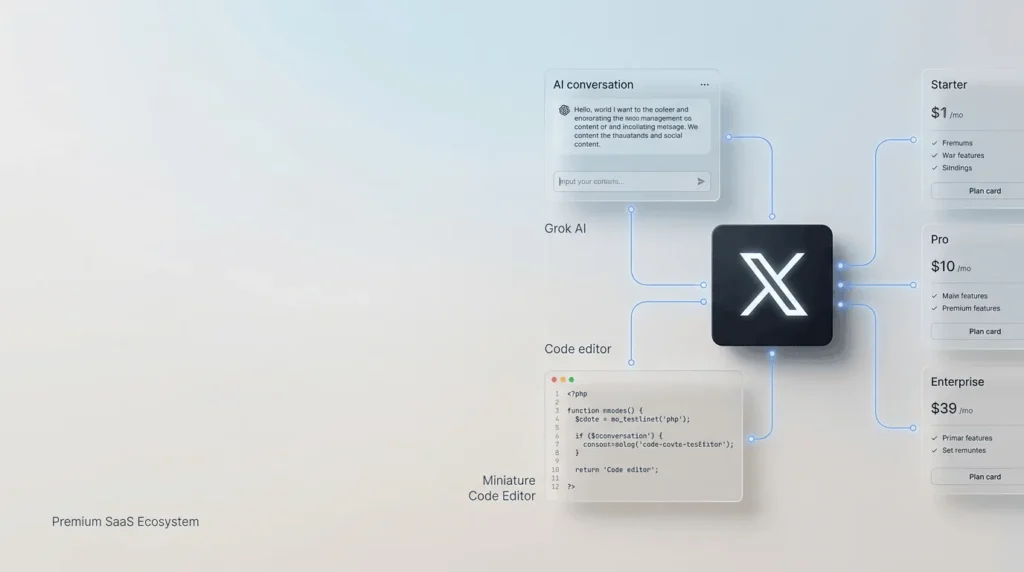Current image: X Subscription dashboard concept showing premium X features, Grok AI, and coding tools.